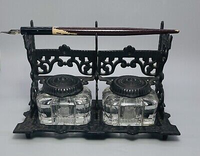 Antique VTG Tatum Standard Ornate Cast Iron Inkwell Stand w/ Glasswell & Inkpen