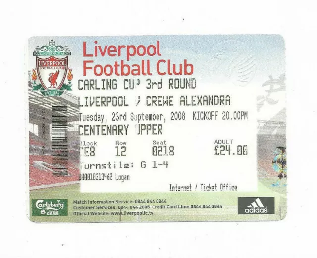 Ticket 2008/09 (Carling) League Cup 3rd Round - LIVERPOOL v. CREWE ALEXANDRA