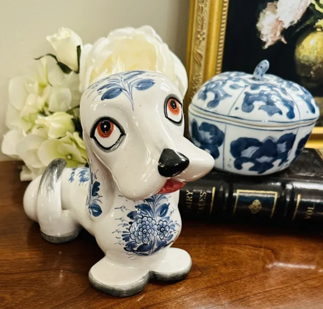 Italy Hound Dog Figurine Blue & White Floral MCM 60s Basset Dachshund