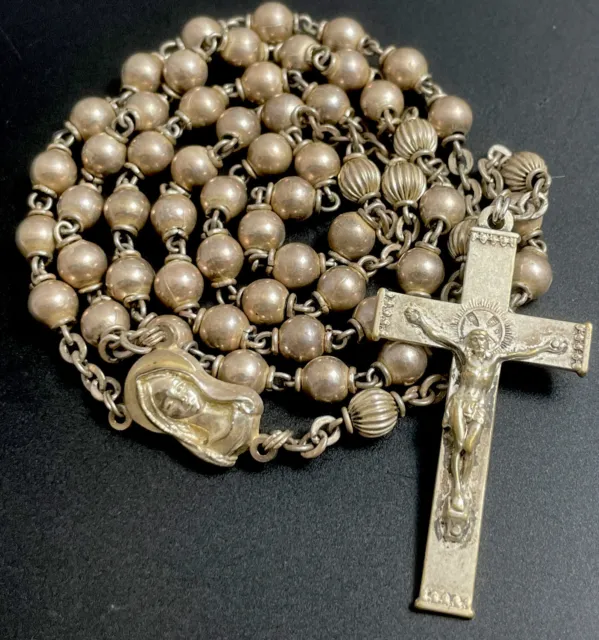 Rosario católico vintage de los años 50 tono plateado, crucifijo