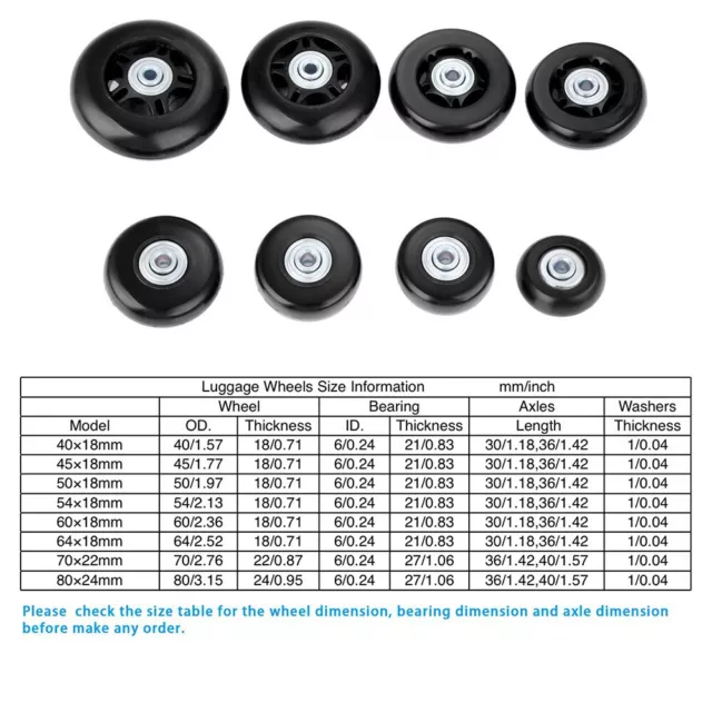 2 Set Luggage Suitcase Replacement Wheels OD 40mm/45mm/50mm/54mm/64mm/70mm/80mm