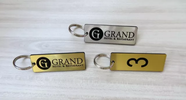 Set of 10 Hotel personalised key tags with logo, keyrings, clubs, door, fob