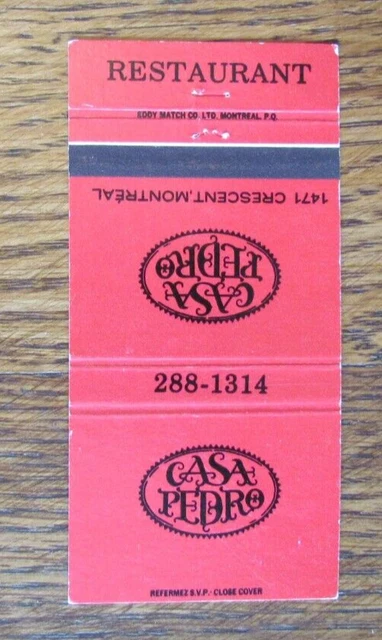 Mexican Restaurant Matchbook Cover: Casa Pedro Montreal, Quebec Matchcover -C8