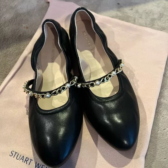 Stuart Weitzman Pearl Chain Leather  black flat all occasion wear luxury