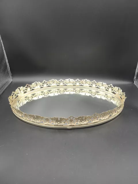 Filigree Vanity Mirror Dresser Tray Perfume Gold Metal  13" Fleur-de-lis