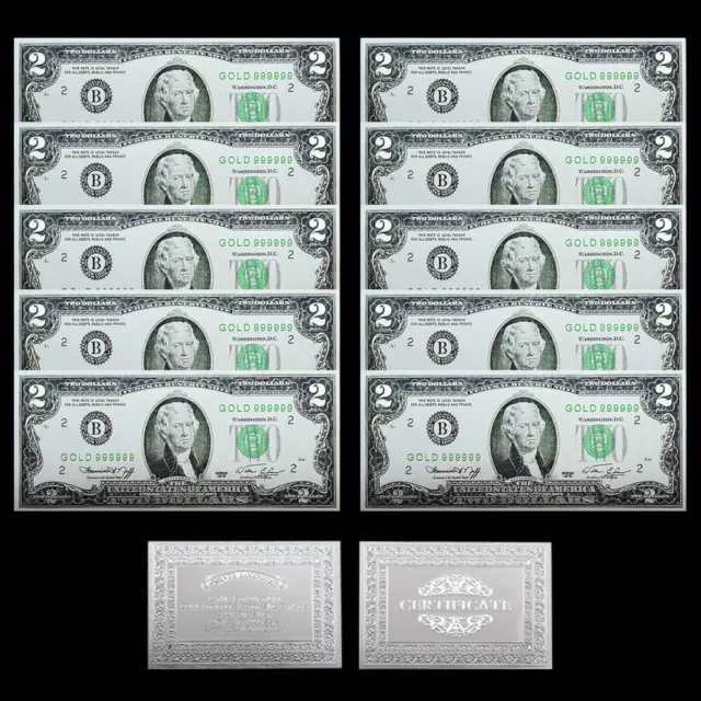 10pcs/lot US 2 Dollars Silver Banknotes 1976 Years Bills Craft Collection Gift