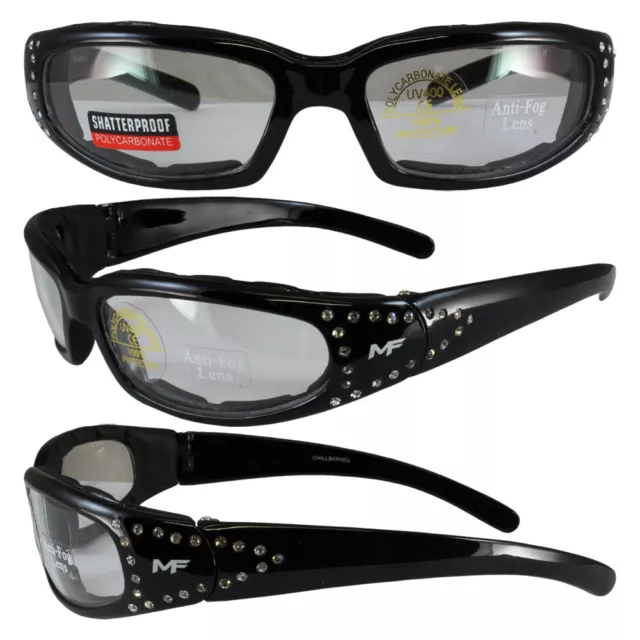 Mf Chill Padded Womens Motorcycle Riding Glasses Rhinestone Frames Clear Lens