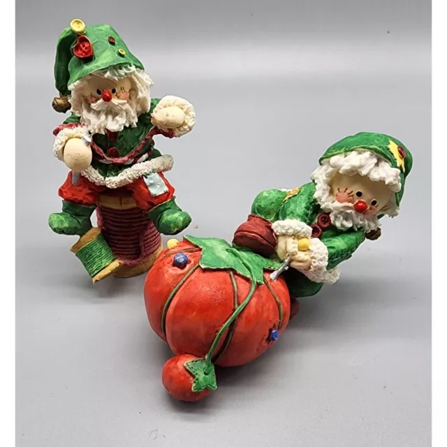 Resin Red & Green Sewing Pin Cushion Spool Christmas Elf Figurines Set of 2