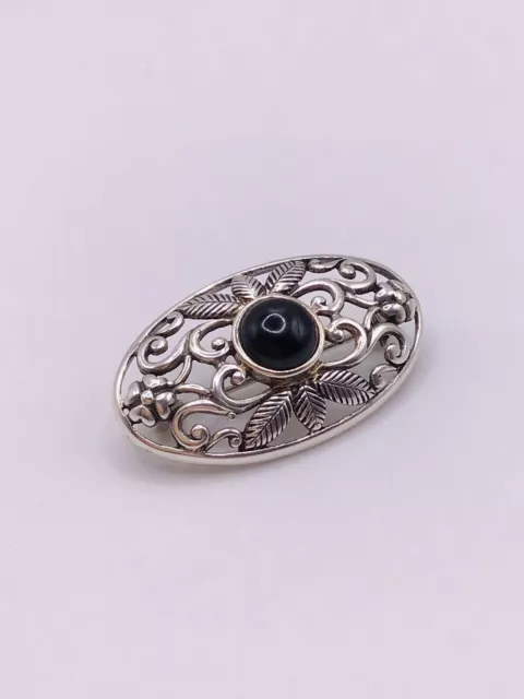 Beautiful 925 Silver Art Nouveau Style Broach With Black Cabochon Stone