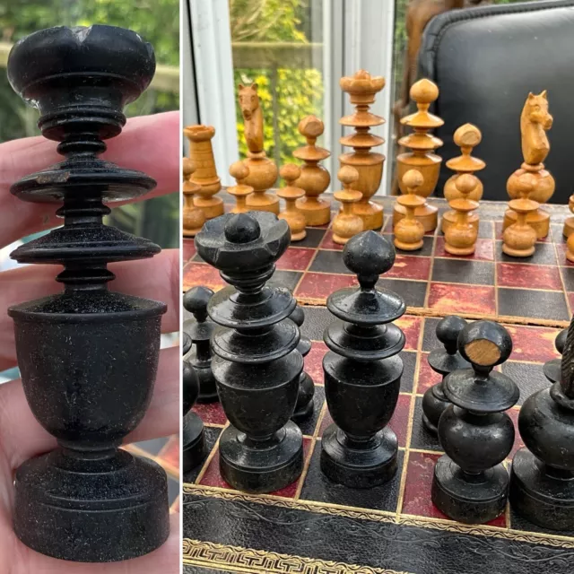V Rare ANTIQUE Hand Carved FRENCH REGENCY Wooden CHESS SET C1890 BOX 3 1/2” King