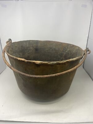 VTG Old Antique Large Cauldron Metal Pot Kettle with Handle 19"" Wide 11.5" Tall