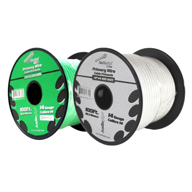 Bote de cable remoto de alimentación a tierra primaria Audiopipe (2) 14ga 100 ft CCA verde/blanco