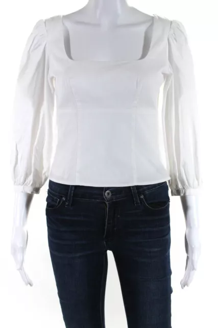 Staud Womens Puffy Long Sleeves Square Neck Cropped Blouse White Cotton Size 2