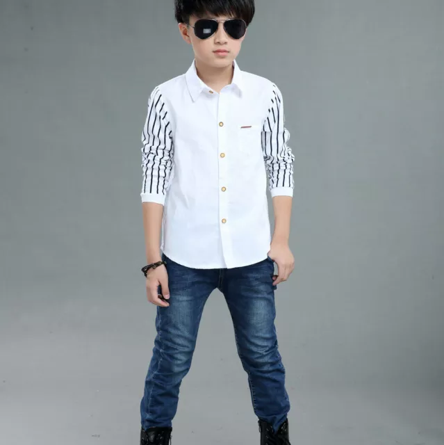 Teen Boys School Long Sleeve Stripe Fastener Gentleman Shirt Tops Shirts Blouse 3