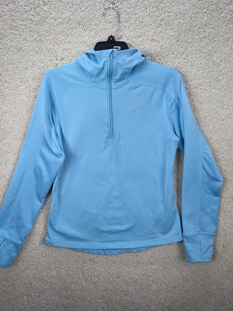 Nike Jacket Youth Large 12-14 Blue 1/4 Zip Hooded Logo Fit Dry Running Girls Top