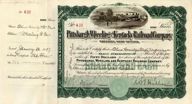 Pittsburgh, Wheeling and Kentucky Railroad Co. - 1906-16 dated Railway Stock Cer