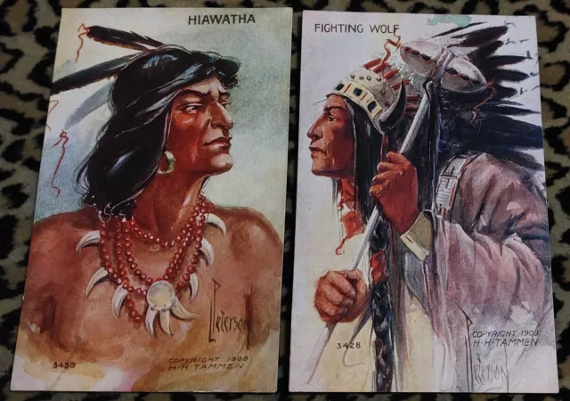 Indian Chief Hiawatha, Fighting Wolf UNUSED Circa 1909 PostCards Peterson Signed