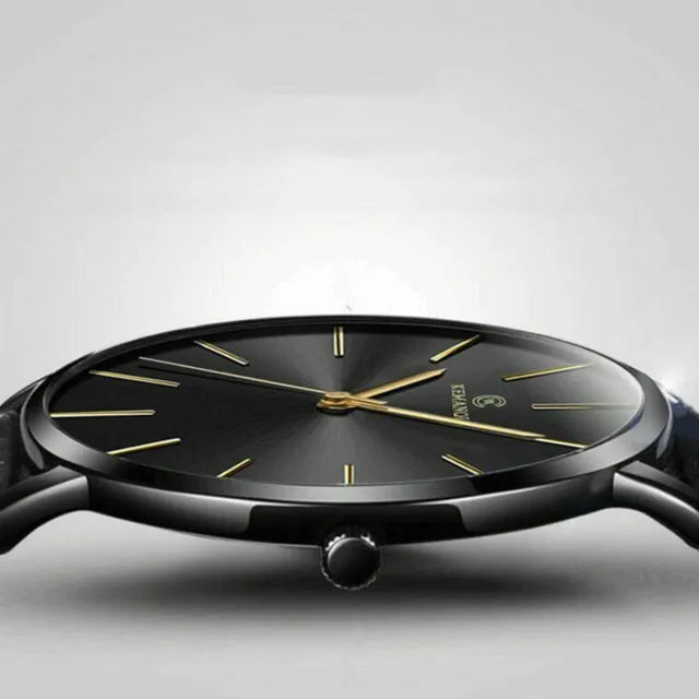 Reloj minimalista ultra delgado para hombre de moda con correa de cuero delgada acero inoxidable cuarzo 3