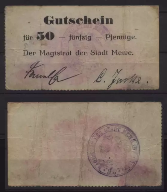 [17233] - NOTGELD MEWE (heute: Gniew), Stadt, 50 Pf, o. D. (1914). Dießner 233.2