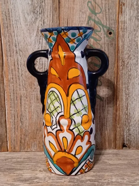 Mexican Art Pottery Flower Abstract Bright Color Vase Talavera Style Redware 8.5