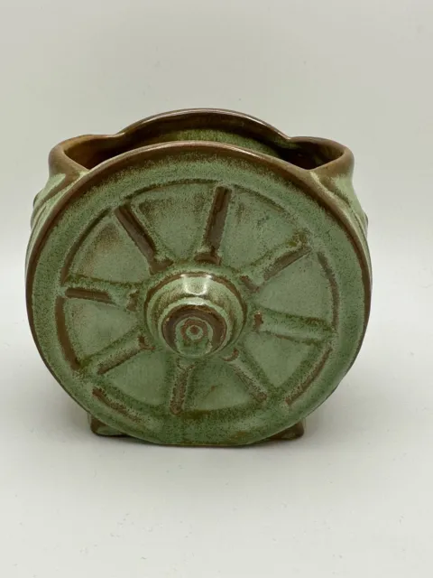Frankoma Glazed Pottery Wagon Wheel Sugar Prairie Green Vase Planter Vintage