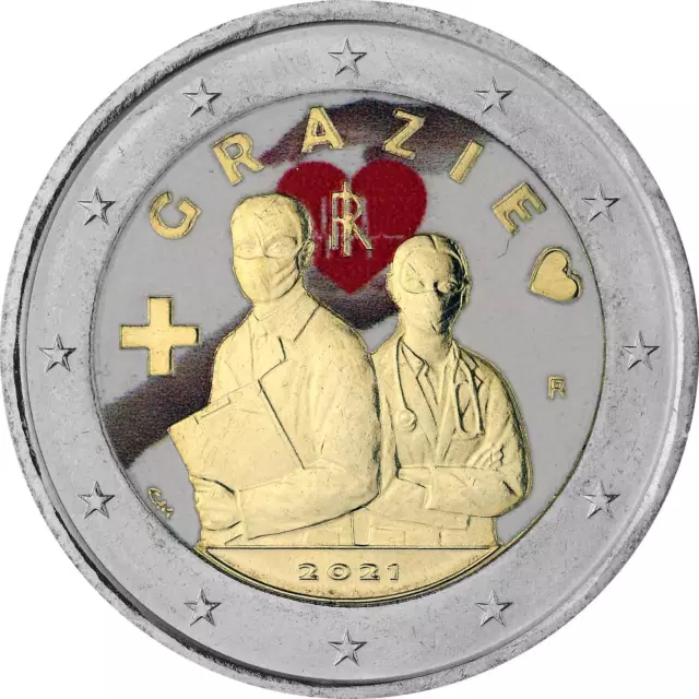 2 Euro Gedenkmünze Italien 2021 bfr. - Grazie Medizinische Fachkräfte - colorier