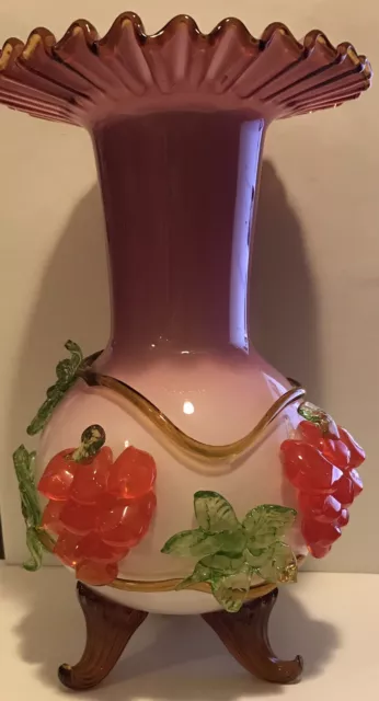 Stevens Williams? Vase Grapes Leaves Peach Interior Heavy Glass Ruffle Rim 11”