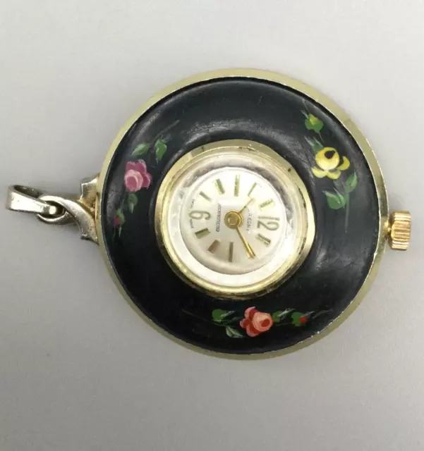 Vintage Saxony Pendant Necklace Watch Women Gold Tone Hand Painted Manual Wind