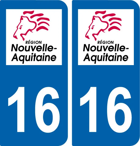 Region Aquitaine / 2 Stickers Autocollant Plaque Immatriculation Departement 16