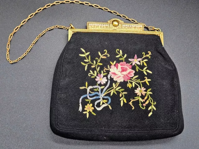 Antique Black Floral Le Point De Beauvais Purse with Gold Pearl Frame