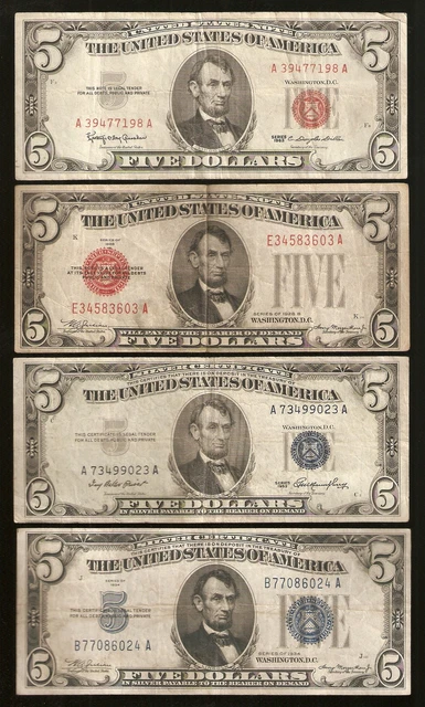 $5 Five Dollar Us Currency *4* Note Set / Collection 1928, 1934, 1953, & 1963