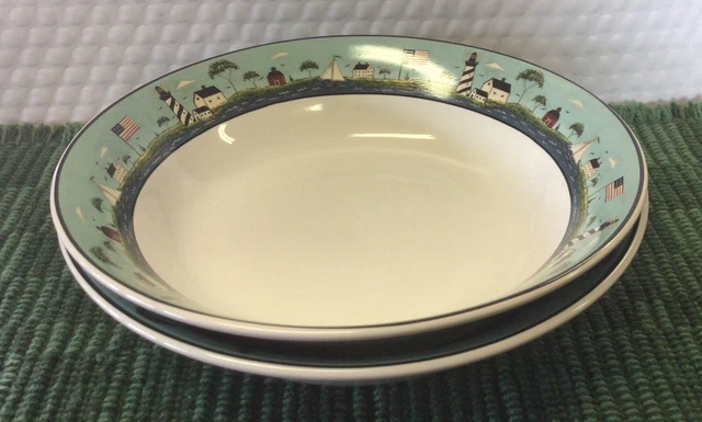 2 Sakura Warren Kimble Coastal Breeze Soup Bowls Lighthouse Sailboat 7 1/2”