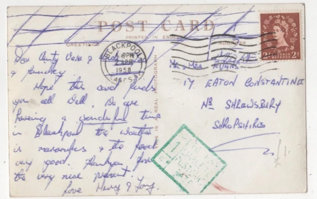 Blackpool 1958 1d To Pay Liable To Postage Paid Rate Green Charge Mark 845b