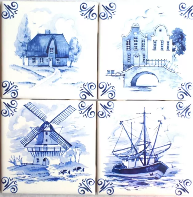 Blue & White Delft Design Windmill Boat Villa Ceramic Tile 4.25" Kiln Fired 4 st