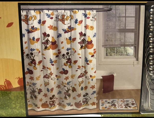 Disney Autumn Fall Shower Curtain Mat Hooks 14 Pc Bath Set Mickey Minnie Mouse