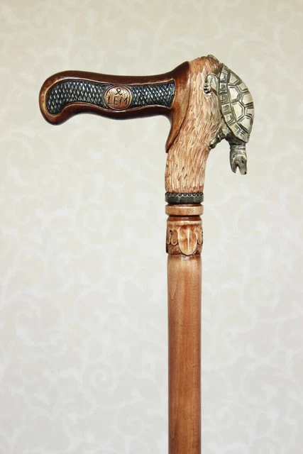 Turtle Hand carved handle Elegant hiking Wooden cane Walking stick Handmade gift