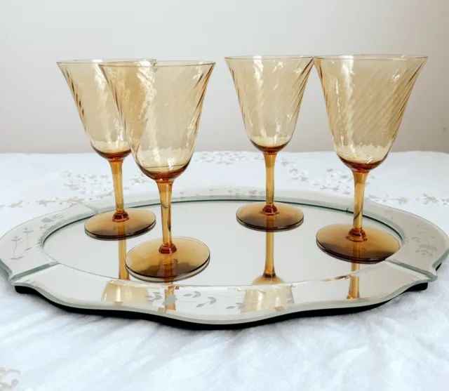 Vintage Amber Wine Glasses Swirl Water Goblets Set Of 4 Amber Glasses Bundle