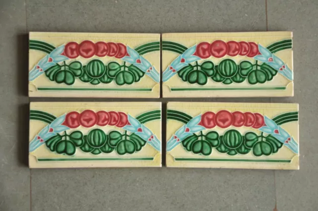 4 Pc Vintage Majolica Floral Embossed M.S Mark Colorful Ceramic Tiles,Japan