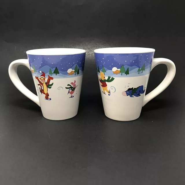 Disney Winnie the Pooh and Friends Christmas Mug Ice Skating Winter Set of 2