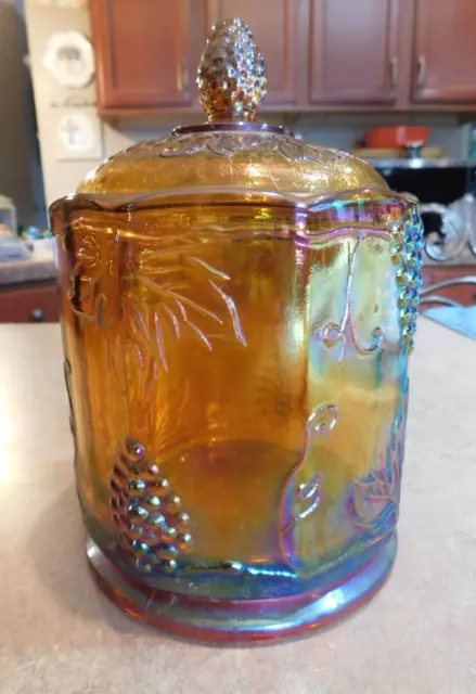 Carnival Glass Candy Biscuit Jar Indiana Harvest Grape Iridescent Amber Gold