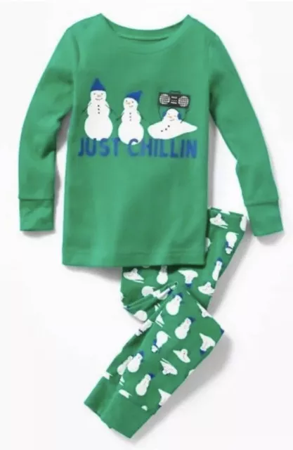 Old Navy Baby Boy Green 'Just Chillin' Snowman Graphic Sleep Set 12-18 Months