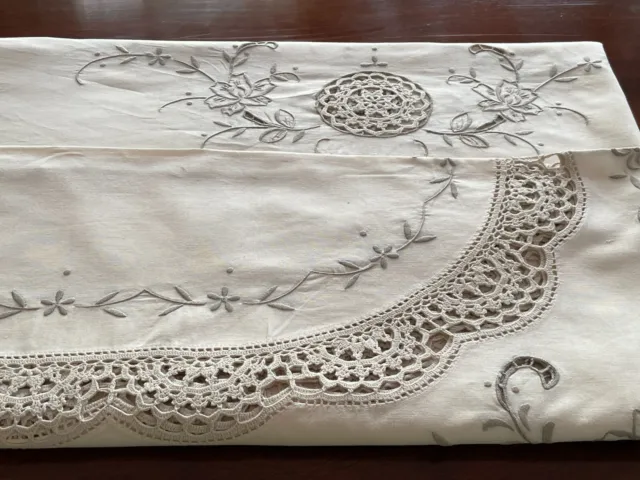 Fabulous Vintage Large Ecru Linen Hand Crafted Banquet Tablecloth Unused C 1970
