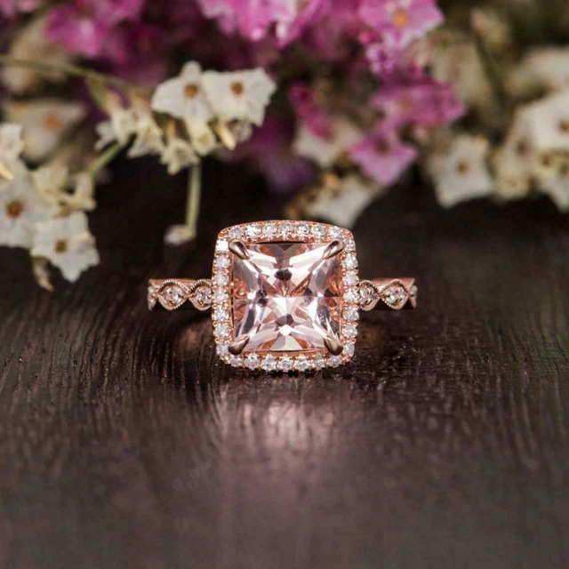 3.20Ct Princess Cut Morganite Diamond Halo Ring Lab-Created 14K Rose Gold Finish