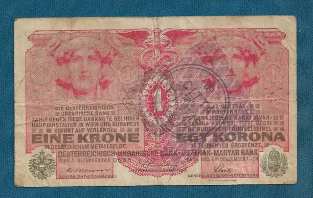 1 Korona, Krone 1916. Austria Hungary banknotes CITTA DI FIUME stamp !