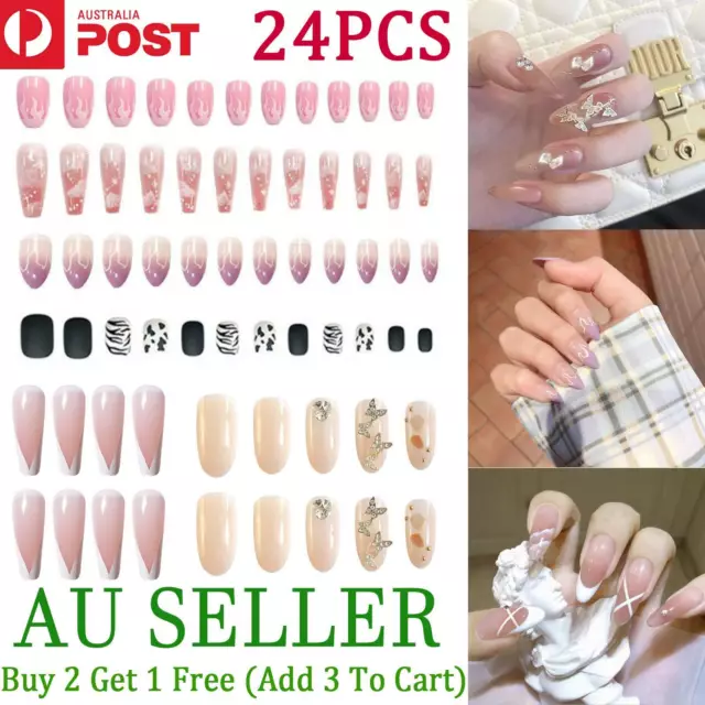 24 Pcs Press On Nails Glue Gel On False reusable Fake French Nail Tip Multicolor