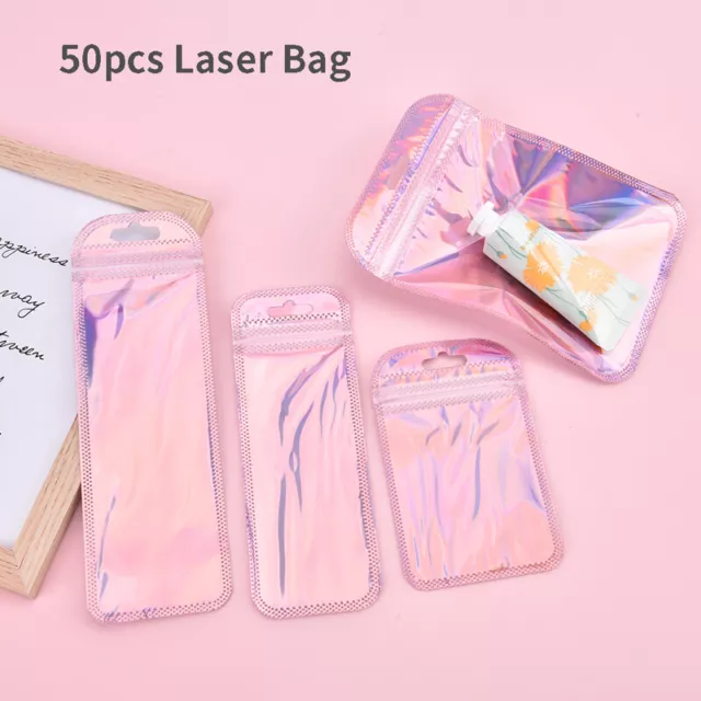 50pcs 4 Styles Laser Packaging Bag Flat Cosmetic Bag Holographic Mini B'UL