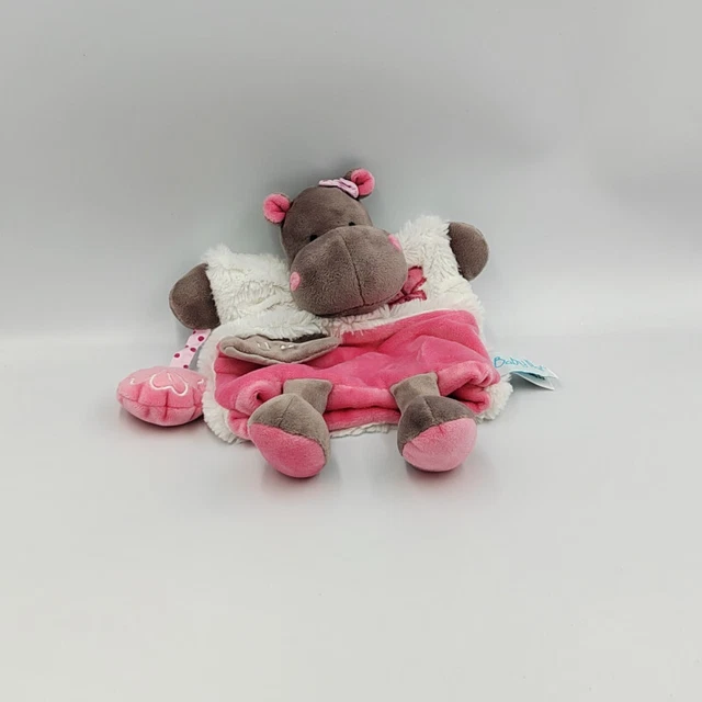 Doudou marionnette Hippopotame marron blanc rose Zoé Douillettes BABY NAT - 2986