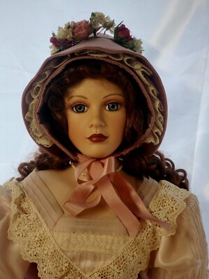 Vintage 28" PORCELAIN doll grey BLUE EYES CURLY ruby red HAIR Victorian lady