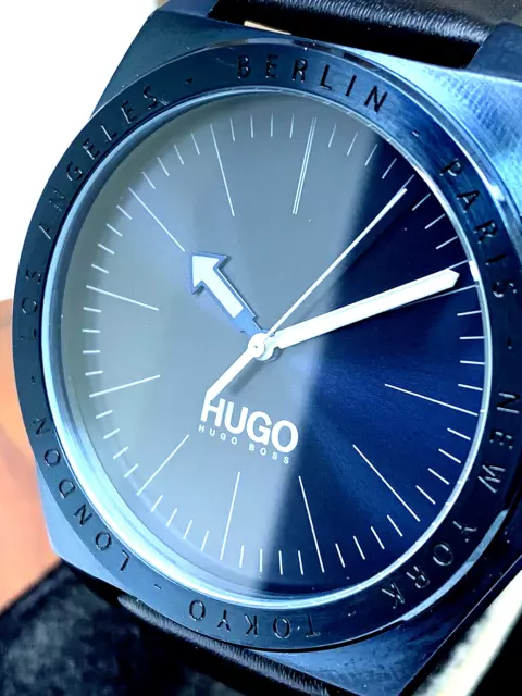 Hugo Boss Men's Watch 1530109 Quartz Blue Dial Black Leather Band 44mm