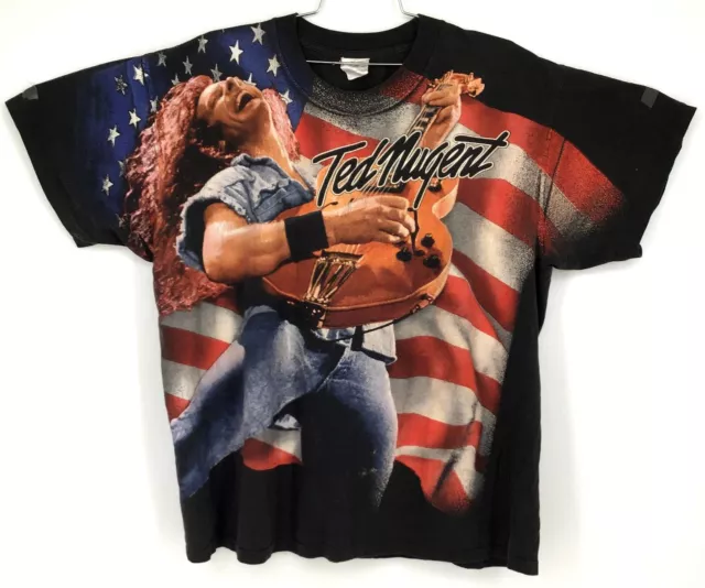 Vintage 1996 Ted Nugent 'One Nation Under Ted' Black All-Over T-Shirt - Size XL